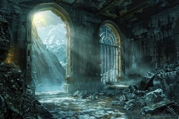 Ancient castle ruins with sunlight shining through large arched windows