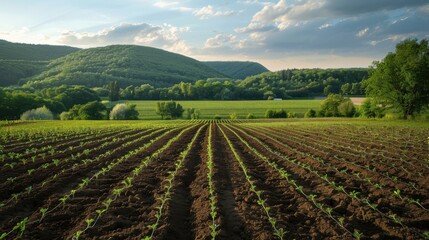 Young Crop Field with Mountain Backdrop
