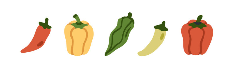 Spicy vegetables set. Yellow bell pepper, red chili, green jalapeno, red paprika. Fresh natural food, condiment, spice, different types. Flat vector illustration isolated on white background