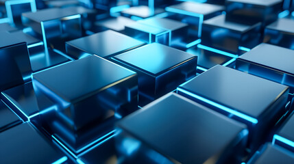 Modern 3D abstract art featuring blue reflective blocks