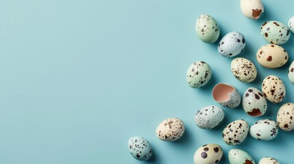 Trendy color quail egg arrangement on blue backdrop with copy space Minimal Easter design