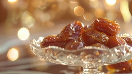 Ramadan Mubarak celebration concept Dates on glass tray with selective focus