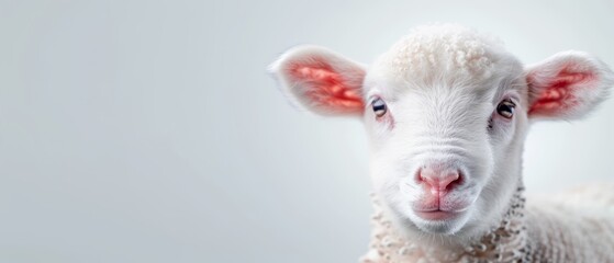 Fototapeta premium Close-up of a sheep's face on white background with a red mark on its ear
