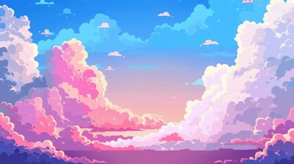 Vibrant digital art of a colorful sky with pink, purple, and blue clouds, capturing the serene beauty of a tranquil sunset scene.