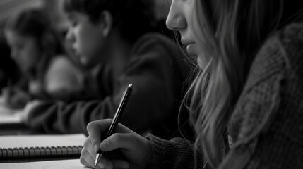 Obraz premium Black and white photo of students focused on writing in class, emphasizing concentration and learning.