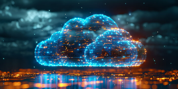 Data storage and cloud computing technology concept with digital blue cloud symbol on abstract dark background. 3D rendering