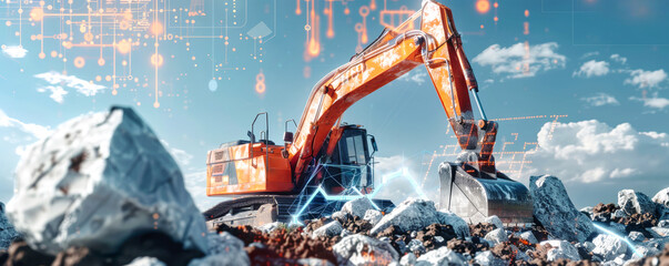An excavator digs into a pile of rocks, with a futuristic overlay of data visualizations, charts, and numbers in a vibrant orange. The sky is blue with white clouds