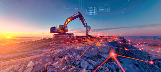 A massive excavator on a mountain peak in the sunset glow, connected to a digital display by red lines and white dots, creating a futuristic scene