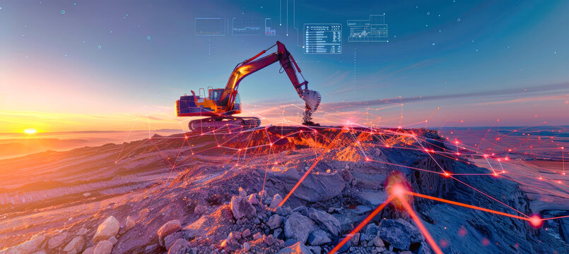 A massive excavator on a mountain peak in the sunset glow, connected to a digital display by red lines and white dots, creating a futuristic scene
