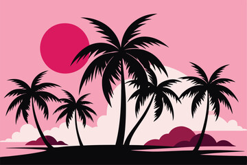Silhouettes Of Palm Trees And Pink Sun Landscape Vector Illustration