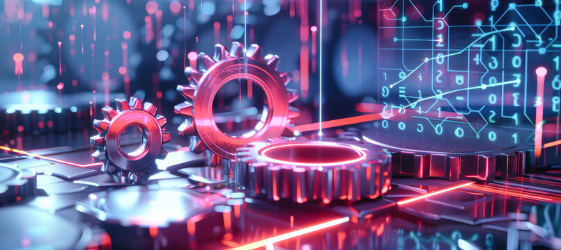 A 3D rendering of gears spinning with holographic data and charts representing growth. The scene is set against a dark blue background with hexagons and lines