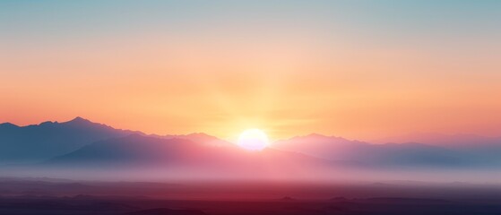 Fototapeta premium The sun sets behind mountains, fogging the sky; a horse silhouette graces the foreground