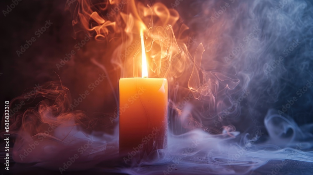 Poster studio photograph of candle with smoke and flame in the backdrop