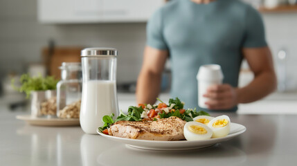 A muscular man along with healthy food that is high in protein such as chicken breast, eggs, peanuts, whey protein with vegetable salad, protein to strengthen muscles and healthy lifestyle.