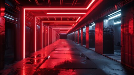 Futuristic corridor with red neon lights creating a captivating geometric pattern, reflecting on a wet floor in an urban setting.