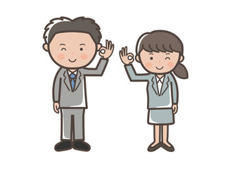 OKするリクルートスーツ風の若い男女ビジネスマンのイラスト
