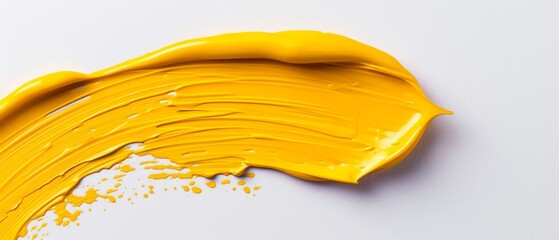  A tight shot of yellow paint smearing on a white canvas, with a droplet beading at its summit