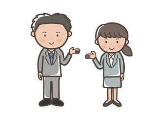 説明をするリクルートスーツ風の若い男女ビジネスマンのイラスト
