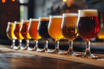 glasses, each containing a different type of beer, are lined up on a wooden bar counter, showcasing a variety of colors and foamy heads.
