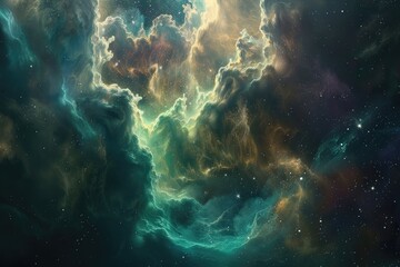 Fototapeta premium A stunning nebula captured in this image, showcasing vibrant colors and intricate details in the vast cosmos, Hazy clouds of glowing mist floating in space, AI generated