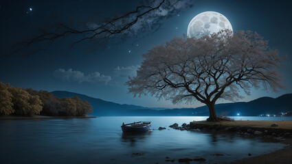 Fototapeta premium ull moon shining over a calm lake, with a lone tree on the shore and a small boat resting in the water.