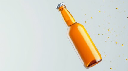 Fototapeta premium A full glass beer bottle floating with yellow droplets against a white background.