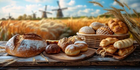 A variety of freshly baked bread and pastries are displayed on a rustic wooden table with a scenic windmill backdrop.