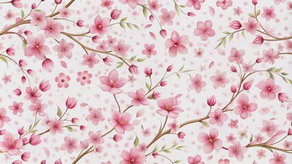 Fototapeta premium Soft pink cherry blossoms swirl in whimsical harmony, creating a beautiful, intricate, and seamless repeating pattern on a gentle white background.