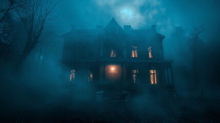 Haunted House with Ghostly Figures and Eerie Lighting - Spooky Exterior with Realistic Depth of Field Detailing Horror Scene