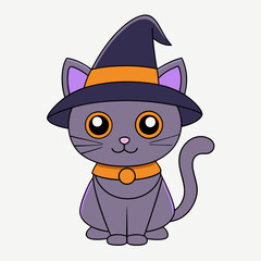 Vector illustration of a cute cat in a Halloween costume with a witch's hat on a white background celebrating International Cat Day