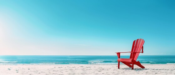 Fototapeta premium A red lawn chair atop a sandy beach, adjacent to the ocean and under a blue sky