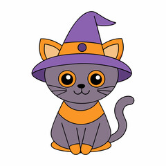 Vector illustration of a cute cat in a Halloween costume with a witch's hat on a white background celebrating International Cat Day