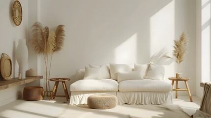 Cozy living room with a white sofa, beige pillows, woven decor, and natural elements. Features a round rug, poufs, a wooden stool, and dried plants, creating a serene, earthy ambiance.