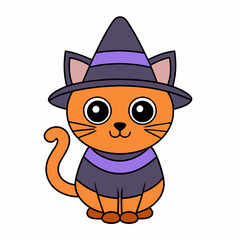Vector illustration of a cute cat in a Halloween costume with a witch's hat on a white background celebrating International Cat Day