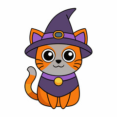 Vector illustration of a cute cat in a Halloween costume with a witch's hat on a white background celebrating International Cat Day