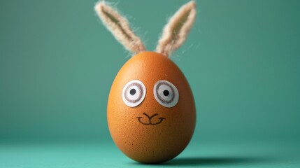Brown egg with 3D eyes and rabbit ears on green backdrop