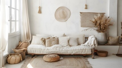 Cozy living room with a white sofa, beige pillows, woven decor, and natural elements. Features a round rug, poufs, a wooden stool, and dried plants, creating a serene, earthy ambiance.
