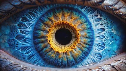 Fototapeta premium Vibrant blue iris with intricate patterns and delicate fibers radiating from pupil, showcasing microscopic details of human ocular anatomy.