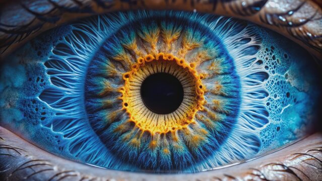 Vibrant blue iris with intricate patterns and delicate fibers radiating from pupil, showcasing microscopic details of human ocular anatomy.