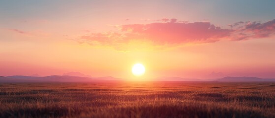  The sun sets over a field of tall grass, with mountains in the distance