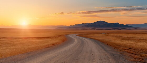 Fototapeta premium A dirt path in a field against a backdrop of distant mountain ranges during sunset
