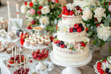 Fototapeta premium A wedding sweet table in a rustic style with a large three-tiered white cake with flowers and berries, cupcakes, lollipops and a lot of fresh flower