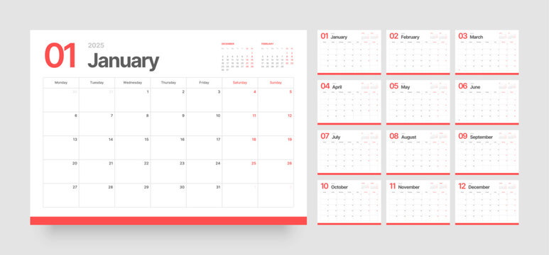 Monthly calendar template for 2025 year. Diary planner in a minimalist style. Week Starts on Monday. 