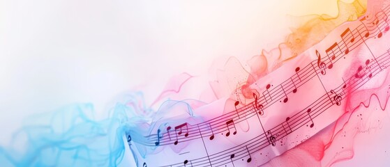  A multicolored background with music notes on the left side and music notes overlaid on the right side