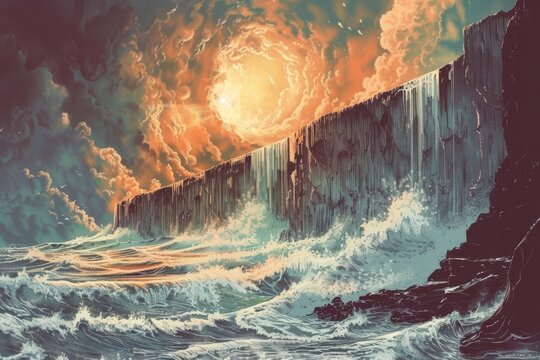 Towering Sea Wall Against a Vivid Sunset