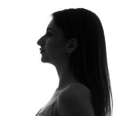 Silhouette of young woman on white background, closeup