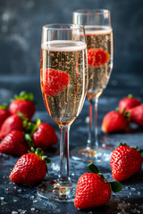 Glass of champagne with strawberries on dark murble background