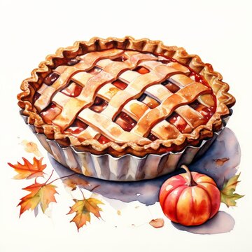 recommend clip art: Watercolor illustration of a pie with a pumpkin and autumn leaves.