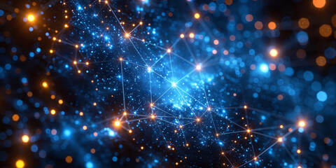 Fototapeta premium Abstract digital landscape with glowing particles and lines on a dark blue backdrop, symbolizing technology. 