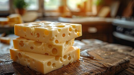 Close-up of swiss cheese blocks on a rustic table - generative ai